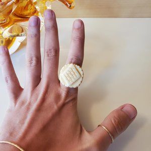 Hand Carved Natural Bone Round Abstract Cream Etched Statement Ring
